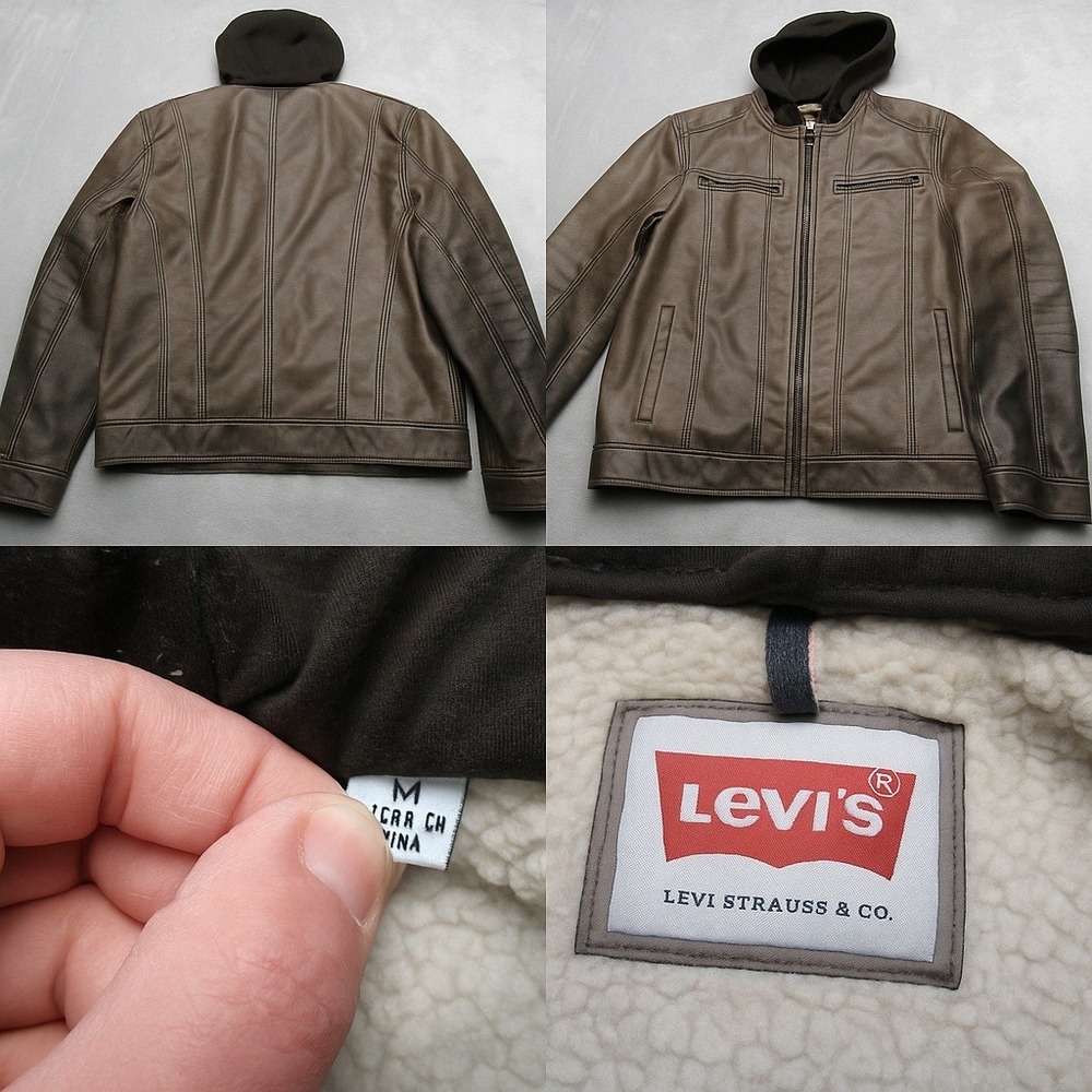 Levis Jacket Mens Medium Brown Faux Leather‎ Trucker Sherpa Fleece Lined Hooded